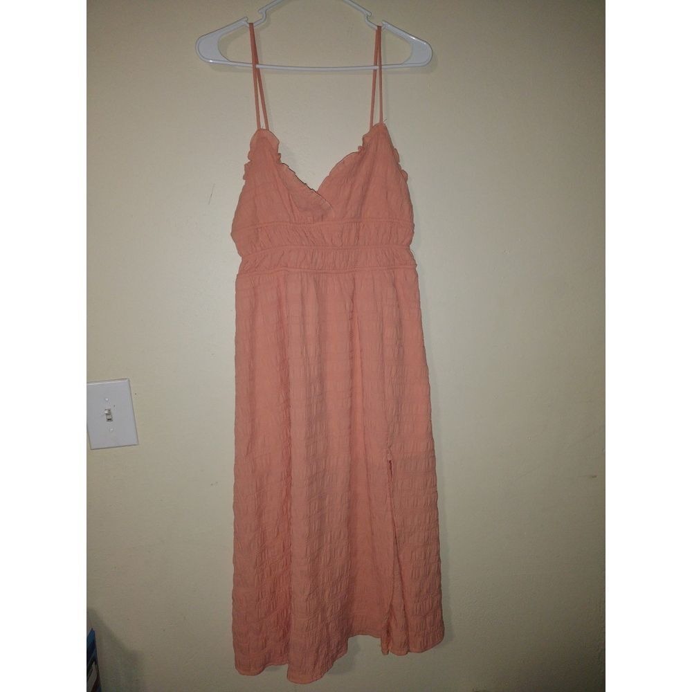 Coral Pink Smocked Midi Dress Spaghetti Strap‎ Square Neck Size S